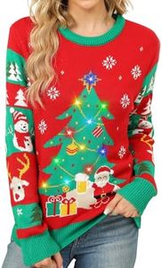 Ugly Christmas Sweater for Women 2023 Built-in Bulbs LED Light Up Christmas Tree, Funny Christmas Party Sweater - Fitted, Red, Small