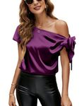 VIDUSSA Women's Satin Shirt Off Shoulder Tops Silk Blouse Short Sleeve Casual Tunic Tops Purple L