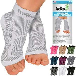 TechWare Pro Ankle Brace Compression Sleeve - Relieves Achilles Tendonitis, Joint Pain. Plantar Fasciitis Foot Sock with Arch Support Reduces Swelling & Heel Spur Pain. (White, S/M)