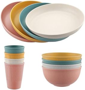 FUNYKICH Ensemble de Vaisselle 12 pièces, Service de Table, Bol, Plate, Tasses, Vaisselle pour Pique-Nique, Vaisselle Incassable pour Toute la Famille, Reusable Kit de Vaisselle de Camping