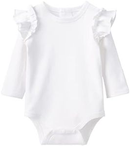 pureborn Baby Girls Organic Cotton Bodysuit Infant Girl Long Sleeve Ruffle Shoulder White Spring Fall Bodysuit 9-12 Months