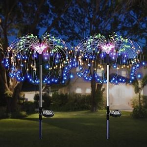 VGE - Luces solares para jardín (2 unidades, 150 ledes, luces solares de fuegos artificiales, resistentes al agua, con 2 modos de iluminación Twinkling y Steady-On) para decoración de jardín, terraza,