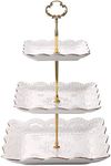 Sumerflos 3-Tier Square Porcelain Cake Stand, White Rimmed with Gold Embossed Cupcake Dessert Stand - Tiered Serving Tray for Tea Party and Show