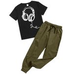 Xumplo Boys 2 Piece Outfits Kids Short Sleeve T-shirt and Trousers Clothes Set Tween Boys Tracksuit Black Green Clothing 8-10 Years