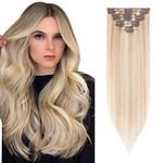 Real Hair Clip in Hair Extensions 100% Human Hair Remy Natural Hair Extension - 8 Pcs Full Head Thin Thickness (Mix #18/613 Ash Blonde & Bleach Blonde, 22 inch-75g)