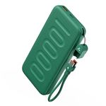 Ambrane 10000mAh Slim & Compact Powerbank with in-Build Type C Cable, 22.5W Fast Charging, USB & Type C Output, Power Delivery, Quick Charge for iPhone, Android & Tablets, Earbuds, (Stylo N10,Green)