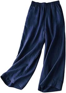 Aeneontrue Women's 100% Linen Wide Leg Pants Casual Loose High Waisted Flowy Palazzo Trousers with Pockets, Navy Blue, XX-Large
