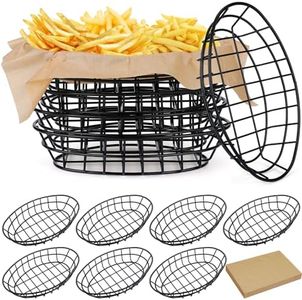 Hushee 12 Pcs Wire Bread Basket 9.5 x 6.2 x 2.2 Inch Oval Metal Dinner Roll Baskets for Serving Fruit Bowl Basket Storage with 50 Sheets Deli Wrappers Paper for Kitchen Table Fast Food Burger (Black)