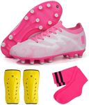 brooman Kids Firm Ground Soccer Cleats Boys Girls Football Shoes with Shin Guards and Soccer Socks (13,White Pink)