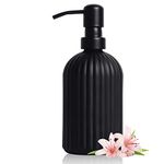 Top-spring 13OZ Matt Black Glass Soap Dispenser with Rustproof Stainless Steel Pump, Vertical Stripe Design Dish Hand Soap Dispenser for Kitchen and Bathroom