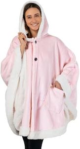 PAVILIA Sherpa Fleece Wearable Blanket for Adult Women, Cozy Plush Blanket Poncho Cape with Hood, Super Soft Shawl, Angel Wrap Throw for Office, Light Pink