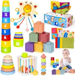 6 in 1 Montessori Toy for 6-12 Months Baby Stacking Building Block Soft Infant Ring Shape Learning Sensory Bin Pull String Teething Toy Magic Tissue Box for Toddlers 1 2 3 Year Old Boy Girl Gift