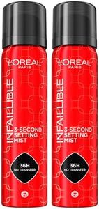 L'Oréal Paris Spray Fixateur Infaillible pour Maquillage Visage 3-Second Setting Mist 36H No-Transfer Waterproof Formule Légère à Séchage Rapide Résistante à la Sueur et à l'Eau - 2 Flacons de 75ml