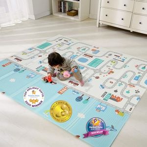 Bammax Extra Large 78" x 70" x 0.4" XPE Foam Baby Play Mat with Travel Bag | Anti-Slip, Waterproof, Foldable & Reversible Padded Playmat | Baby Crawling & Kids Play Mat – Giftable Design, Cars & Fire Engine