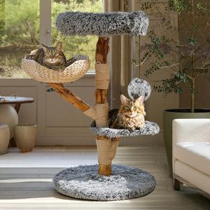 Sopapets Solid Wood Cat Tree for Large Cat, 41.3" Modern Cat Tower with Heavy Duty Real Branch & Hand-Woven Basket, Sisal Scratching Posts & Cozy Bed, Luxury Furniture for Indoor & Maine Coon, Gray
