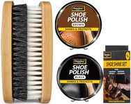 4pc Black & Brown Shoe Polish Kit with 2pc Shoe Brush | Suitable For Leather Shoes & Boots - Easy To Use Wax Boot Polish & Brush Set For Shine & Protection