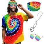 XonyiCos Hippie Costume for Men Women 60s and 70s colorful T-shirt sunglasses headband Peace necklace 4-piece theme party (T-shirt 4 piece set, XX-Large)