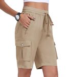 MoFiz Women Home Casual 10" Cargo Short with Zipper Pocket Breathable Outdoor Summer Hiking Athletic Short Khaki,L