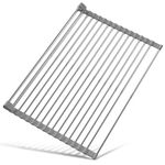 Cycleacc Roll Up Dish Drying Rack, Expandable(12.7"-23.7") Large Over Sink Dish Drying Rack Kitchen, Multipuerpose 304 Stainless Steel Rack, Non-Slip Silicone Foldable Dish Drainer