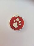 Surrey Feed SMALL RED DISC with Silver Paw Print Design. Engraved Cat/Dog/Pet ID NAME Tag. Pet Fashion - Very Elegant. PLEASE EMAIL US ENGRAVING DETAILS WHEN PLACING YOUR ORDER.