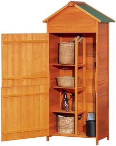 Outsunny Wood Garden Shed with 3 Tiers Shelves, Outdoor Tool Storage Cabinet with Double Door and Asphalt Roof, Hutch Lockable Unit for Garden, Patio, Orange