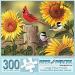 Bits and Pieces - 300 Large Piece Jigsaw Puzzle for Adults - Sunflower and Songbirds - 300 pc Cardinal Jigsaw by Artist William Vanderdasson