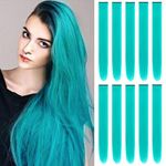 TOFAFA 22 inch Colored Hair Extensions Straight Hairpiece, Multi-colors Party Highlights Clip in Synthetic Hair Extensions for Women Kids Girls (10 PCS Teal Blue)