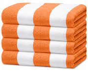 Avalon Towels Cabana Beach Towels 4 Pack (Size 30x60) Inches Oversized, 100% Ring Spun Cotton, Highly Absorbent Large Pool Towels, Super Soft and Quick Drying, Perfect for Gifts (Orange Stripe)