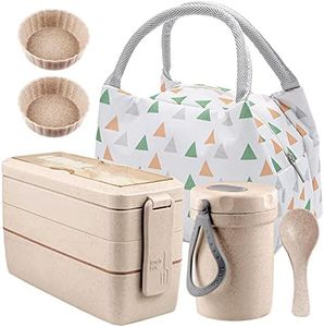 Iteryn Stackable Bento Box with Lunch Bag, 3 Compartment Japanese Lunch Containers, Wheat Straw, All-in-1 Bento Lunch Box Kit for Adult Meal Prep Lunch Snack