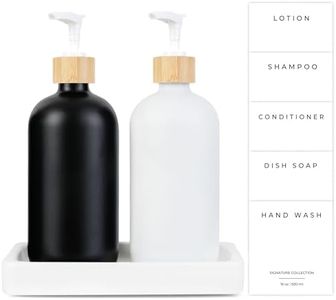 Emerson Soap Dispensers with Stainless Steel Pumps, Porcelain White Tray | Kitchen Sink Dish Soap and Bathroom Hand Wash Glass Bottle Set | 5 Waterproof Labels 16 Oz, Set of 2 (Wht/Blk/Bamboo Wht)