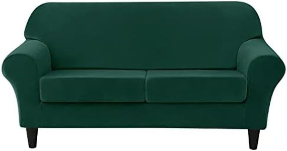 SYLC 3 Pieces Loveseat Sofa Slipcover, Sofa Cover 2 Seater with 2 Separate Seat Cushion Covers, Furniture Protector Collection Split Set Stretch Velvet (Dark green)