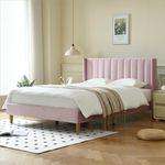 YUHUASHI Upholstered Platform Bed Frame/Queen Bed Frame/Modern Geometric Double-Wing Design Headboard/Flannel and Linen Fabric/Easy to Assemble No Noise (Pink, Queen (U.S. Standard))