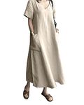 AUDATE Women's Linen Short Sleeve Dress Solid V Neck Dress Summer Cotton Maxi Dress Beige S