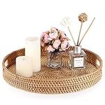 Sumnacon Round Rattan Woven Serving Tray Decorative Display Tray Storage Platters with Handle Table Desktop Organiser Tray for coffer,Drink,Breakfast,Tea,Candle,30 centimeters