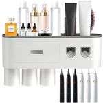 Toothbrush Holder Wall Mounted, Automatic Toothpaste Dispenser Squeezer Kit - Magnetic Toothbrush Holder for Bathroom and Vanity, 6 Brush Slots 2 Cups 1 Cosmetic Drawer
