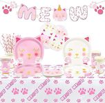 107 PCS Cat Birthday Party Supplies - Kitten Meow Banner, Cat Paper Plates, Napkins, Cups and Tablecloth for Girl Pet Cat Party Decorations, Serve 20 Guests