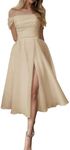 Champagne Short Wedding Dresses for Brides A Line Off The Shoulder Pleated Summer Tulle Bridal Gown with Slit