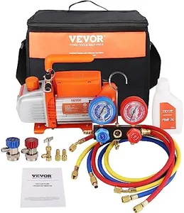 VEVOR 3.5 CFM AC Vacuum Pump and Gauge Set, Single Stage Rotary Vane HVAC Air Vacuum Pump A/C Refrigerant Kit Manifold Gauge Set, with Three-Color Hose Carry Bag, Applicable to R134a, R410a