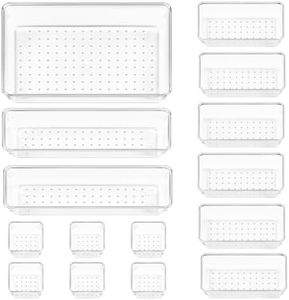 Vtopmart 15 PCS Clear Plastic Drawer Organizers Set, 4-Size Versatile Bathroom and Desk Drawer Organiser Trays for Makeup, Jewelries, Office, Kitchen Utensils and Home storage & organisation