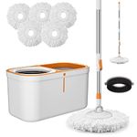 Spin Mop Bucket with Wringer System Extended Mop Handle 61"Mop and Bucket for Floors Cleaning with 5 Replacement Head Refill 1 Cleaning Brush Head