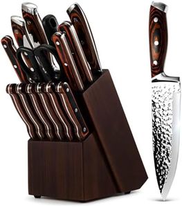 Kitchen Knife Set 15-Piece with Wooden Block. Ultra Sharp High Carbon German Stainless Steel Hammer Pattern Chef & Steak Knives. Full Tang Design with Forged Triple Rivet. Boxed Knife Set