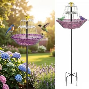 Solar Fountain for Bird Bath Outside with Stakes, Cascade Water Feature for Flower Garden & Yard Decor, Patio & Lawn Accent (Purple(XL))