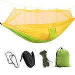 HACER Portable Outdoor Camping Hammock with Mosquito Net & Carabiner Nylon Windproof Hanging Swing for Hiking Backpacking - Light Green & Yellow