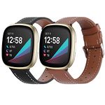 2 Pack Leather Bands Compatible with Fitbit Versa 3 Bands/Fitbit Sense Bands for Women Men, Classic Soft Leather Replacement Wristbands Strap for Fitbit Versa 3 / Fitbit Sense