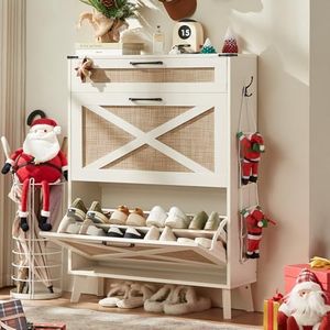 LEYAOYAO Shoe Storage Cabinet for Entryway with 2 Rattan Flip Drawers, Boho Narrow Shoe Cabinets for 16-20 Pairs Shoes with Large Drawers, Hidden Slim Shoe Rack with Wood Legs for Hallway, Off White