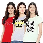 Preneum Women's Cotton T-Shirt Trio - 3-Pack with Red & Grey & Light Green | Classic Regular Fit & Soft, Breathable Fabric | Ultimate Comfort & Style for Everyday Wear