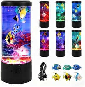 Toycol Bubble Fish Lamp,Artificial Aquarium Lamp with 7-Color Changing,Sensory Bubble Tube Light with 6 Fake Fish Moving,Mood Night Light,Great Gift for Kids & Adults,Decor for Home Office Bedroom