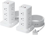 2Pack Power Strip Tower with Surge Protector 1800J, Fast Charging Tower PD20W USB-C Ports with 12 AC Outlets, 10ft Extension Cord for Home Office Dorm Room, White