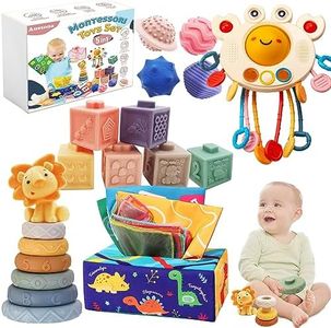 Juguetes Sensoriales Educativos Montessori, 5 en 1, Bloques Apilables, Caja de pañuelos, Regalo para Bebes y Niños de 6 meses a 3 Años