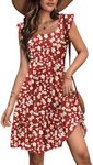 Zeagoo Holiday Red Dress Women's 2025 Square Neck Ruffle Dress Short Sleeve Cotton Floral Print Romper Dress Boho Cover Up Back Tiered Swing Mini Dress Cruise Dresses